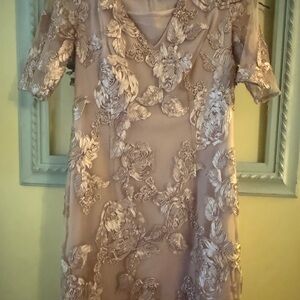 MARINA Taupe Floral-Appliqué V-Neck Short Sleeve Dress